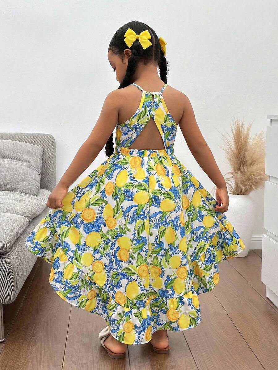 SHEIN Kleine Mädchen Kleid mit Zitronen-Muster und Rüschenärmeln, Sommerurlaub, Mutter-Tochter & Schwestern Partnerlook, Familienurlaub, Feiertage, Strandurlaub, Minimalistische ärmellose Kleid mit Blume Muster und Trägerkragen, Minimalistische ärmellose Kleid mit Blume Muster und Trägerkragen - Gelb - Übersicht 1