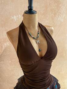 Soleia 秋冬复古斑马纹扎染V领抽绳网纱褶皱浪漫假日连衣裙/迷你裙（女款） - 彩色 - 查看 5