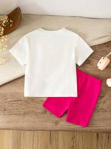 SHEIN 2pcs Baby Girl Casual Sports Letter Print Short Sleeve T-Shirt And Shorts Set, Pink,Kids - Hot Pink - View 3