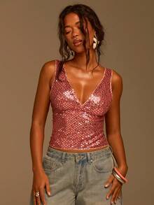 Athîral Women's Sequin V-Neck Cropped Top, Fashionable For Party In Summer - Pink - View 2
