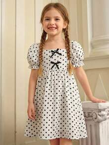 Young Girl Woven Ruffle Trim Square Neck Puff Sleeve Casual Dress - Black and White - View 5