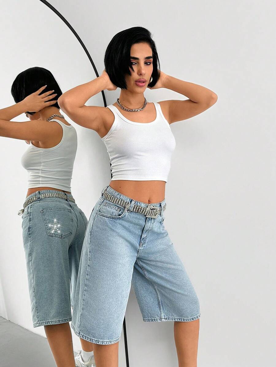 SHEIN Quần short denim cạp cao, chất liệu cotton, in họa tiết ngôi sao đính đá. - Rửa nhẹ - Xem 1