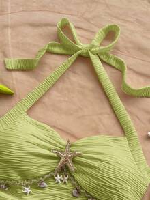 Soleia 女士度假风露背吊带背心，饰有海星贝壳图案荷叶边V领金属扣，白色针织纹理修身吊带背心，性感修身时尚上衣，适合派对、约会、邮轮旅行、海滩度假、音乐节、波西米亚风度假等场合，四季皆宜。 - 綠色 - 查看 3