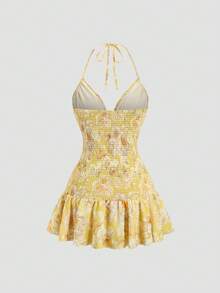 SHEIN Sweetro Vestido mini con estampado floral, cintura ceñida y espalda descubierta - Amarillo - Ver 2