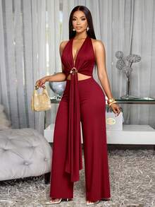 SOLERSUN Bộ jumpsuit nữ màu đỏ tía thanh lịch không tay, cổ chữ V sâu, khoét eo, thắt lưng kim loại xếp nếp, ống rộng, thích hợp cho buổi tối/tiệc tùng/hẹn hò. - Màu Đỏ Sâu - Xem 1