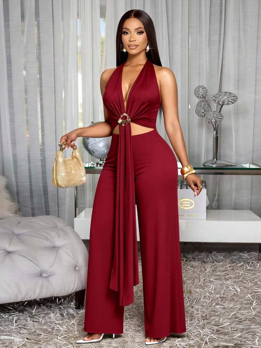 SOLERSUN Bộ jumpsuit nữ màu đỏ tía thanh lịch không tay, cổ chữ V sâu, khoét eo, thắt lưng kim loại xếp nếp, ống rộng, thích hợp cho buổi tối/tiệc tùng/hẹn hò. - Màu Đỏ Sâu - Xem 1