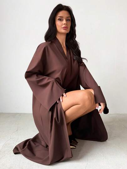 Firerie Chaqueta larga delgada marrón minimalista de manga larga, holgada, con decoración de hebilla de metal, elegante, casual, cómoda para el uso diario, de vacaciones y moda nueva