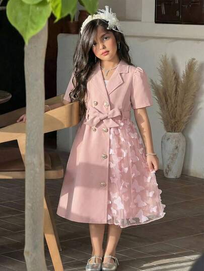 SHEIN ז'קט לילדה צעירה עם צווארון, שרוולים ארוכים, חגורה, דוגמת רשת פרפרים בצד שמאל, בחירת מתנה מקסימה ויפה מעיל שמלה לבנות שמלת פרפרים לבנות מעיל ורוד לבנות שמלה עם שרוולים ארוכים לבנות שמלת שמלת ילדה קטנה מעיל שמלה עם שרוולים ארוכים לבנות מעילי בנות