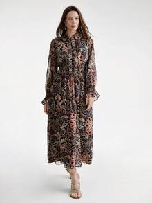 Aveloria Modichic Vestido de manga acampanada con estampado retro de contraste de color transparente, elegante y bohemio para vacaciones y viajes - Multicolor - Ver 1