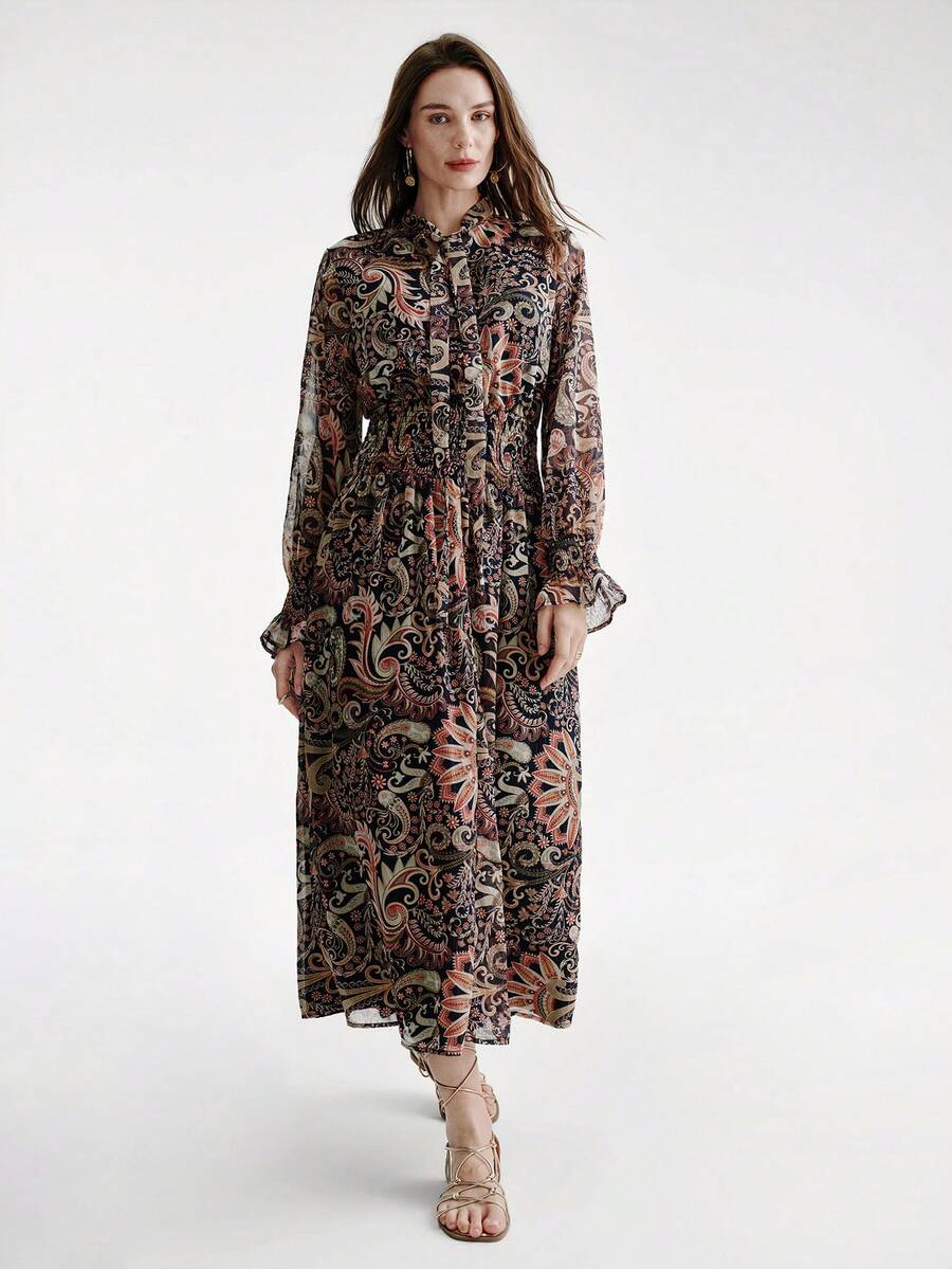 Aveloria Modichic Vestido de manga acampanada con estampado retro de contraste de color transparente, elegante y bohemio para vacaciones y viajes - Multicolor - Ver 1