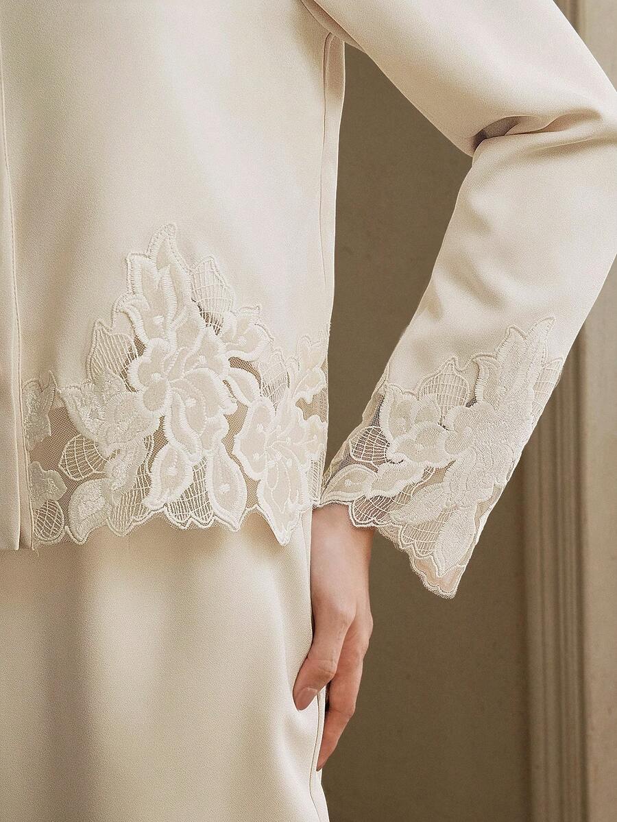 Anewsta 女士优雅刺绣圆领长袖上衣搭配米色半裙套装，春季穿搭 - 杏色 - 查看 1