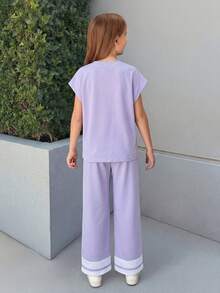 Firerie Kids Firerie Kids 2pcs Tween Girls Knit T-Shirt And Pants Colorblock Set, Casual Daily Fashion Loose Comfortable,Kids - Purple - View 2