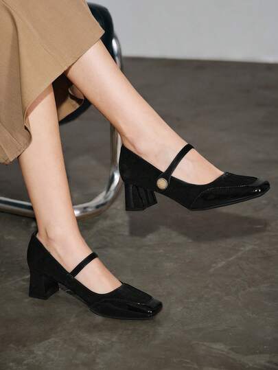 女士新款便捷魔术扣带高跟鞋，粗跟，方头，时尚，百搭，中跟鞋，法式玛丽珍鞋，黑色，展现优雅，专业工作鞋。