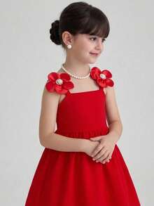 SHEIN Young Girl Elegant Sweet Pearl 3D Flower Camisole Splice Ruched Flared Princess Dress, Red, Valentine's Day - Red - View 6