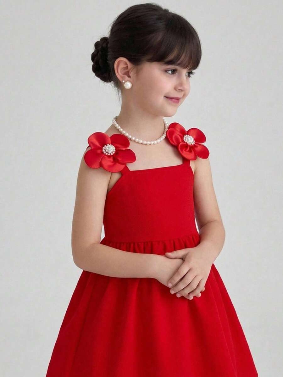 SHEIN Young Girl Elegant Sweet Pearl 3D Flower Camisole Splice Ruched Flared Princess Dress, Red, Valentine's Day - Red - View 1