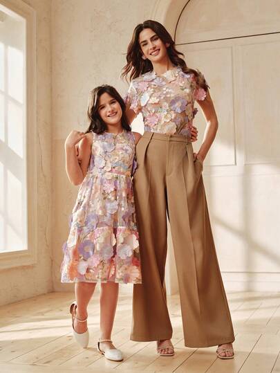 Anewsta 甜美女童连衣裙，圆领3D立体花朵短袖A字裙