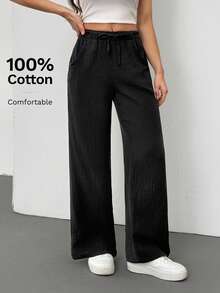 SHEIN Tall Quần ống rộng chất liệu 100% cotton, kiểu dáng thoải mái, đa năng, có túi, phù hợp cho mùa thu/đông và xuân/hè. - màu đen - Xem 4