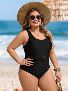 Swim Lushoire Maiô Preto Sólido Novo de Verão 2026, Recorte Vazado e Sexy nas Costas, Plus Size para Férias na Praia - Preto - Visão 3