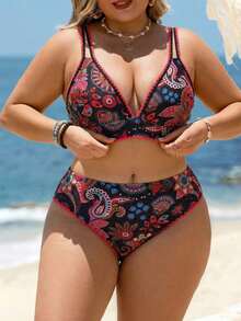 Swim Lushoire Plus Size Women Cashew Floral Print Bikini Set - Hot Pink - View 4