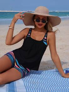 Swim Lushoire Women's Printed Front Ruched Thick Strap Tankini Swimwear 2 Pieces Set - Multicolor - View 6