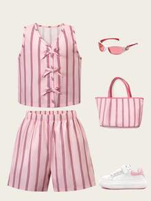 SHEIN Casuvi Kids 2件套 少女无袖条纹编织背心，蝴蝶结装饰，松紧腰宽松休闲短裤，夏季 - 粉色 - 查看 11