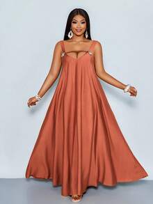 SOLERSUN Vestido casual de fiesta de talla grande para mujer, de unicolor y con diseño calado - Marrón Mocha - Ver 6