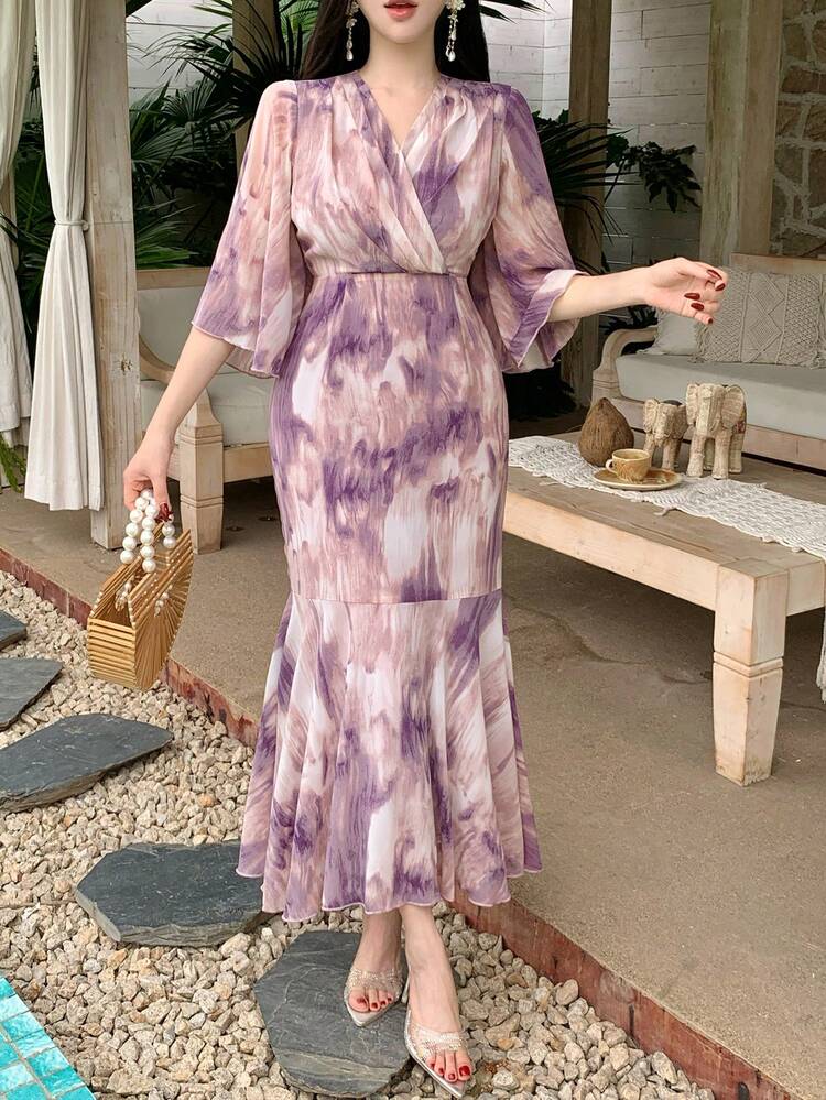 Women's V-Neck 3/4 Sleeve Vacation Style All-Over Print Dress Sundress Summer
