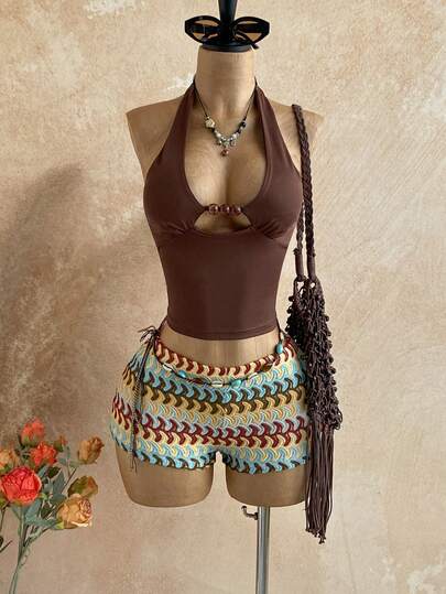 Soleia 2pcs Women's Vacation Set: Brown Knit Halter Tie Crop Top And Vintage Colorful Crochet Striped High Waisted Shorts, Casual Outfit For Beach, Cruise, Road Trip, Music Festival, Party, Boho, Hippie, Western Style, Can Be Worn Inside Or Outside, Suitable For All Seasons, Daily Commute