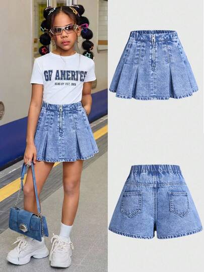 2026 Spring/Summer New Arrival Tween Girls' Vintage Pleated Denim Shorts, High Waist Loose Fit A-Line Design, Soft And Comfortable Fabric, Suitable For Street Fashion, Daily Wear, School, Commute, Party, Home, Vacation, 2026 Summer New Collection