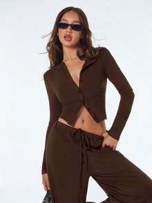 SHEIN ICON Women's Brown Casual Going Out Solid Color Front Button Fitted Casual Long Sleeve Top, Spring To Summer - Brown - View 3