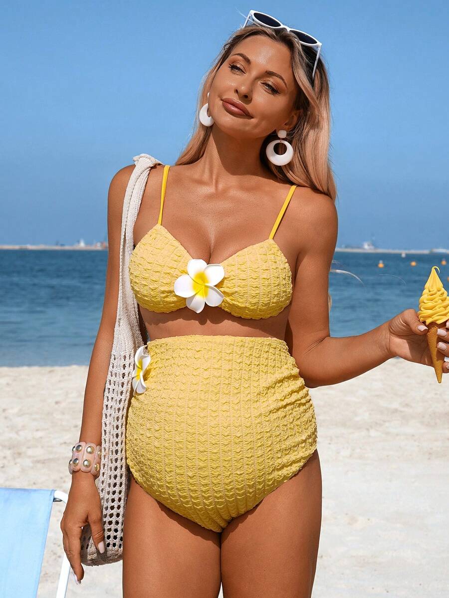 SHEIN 26SS Summer Beach Vacation Casual Yellow Textured Fabric Hibiscus Maternity Swimsuit Set - Yellow - View 1