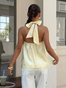 Muchica Women's Summer New Cream Yellow Satin Contrast Lace Trim Halter Top - Yellow - View 2