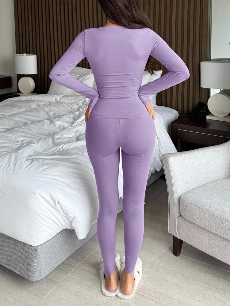 2pcs/Set Women Solid Color Comfortable Knit Crew Neck Fitted Base Layer Top And Pants, Spring Loungewear Set