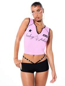 BABYPHAT 女士无袖V领背心，黑色包边细节，露背设计，休闲夏季时尚 - 粉色 - 查看 1