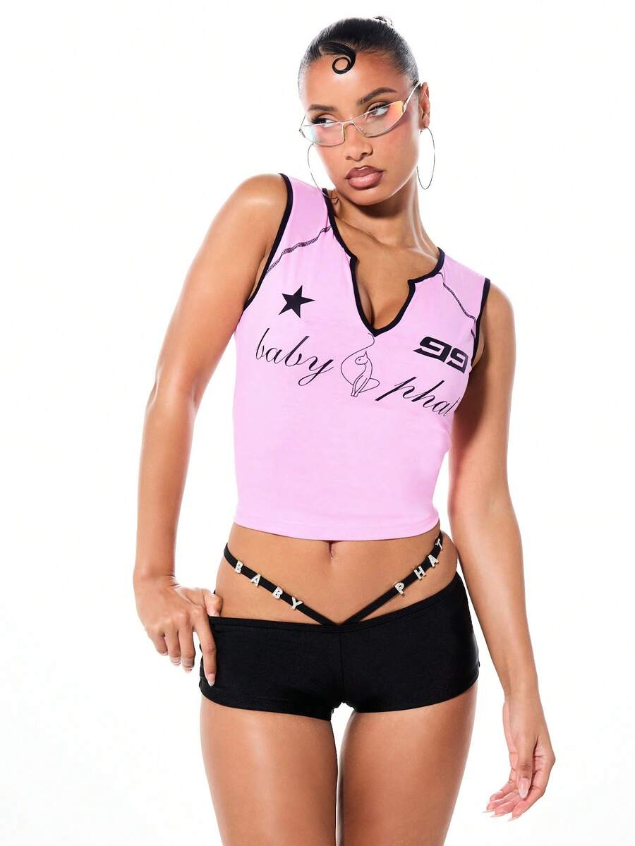 BABYPHAT 女士无袖V领背心，黑色包边细节，露背设计，休闲夏季时尚 - 粉色 - 查看 1