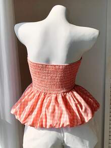 Comfortcana Women's Fashion Bud Hem Plaid Bandeau Top In Bright Orange - Burnt Orange - View 2