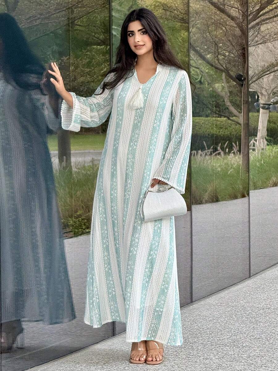 Al Najma 女士优雅条纹宽松阿拉伯风格连衣裙，秋季 - 彩色 - 查看 1