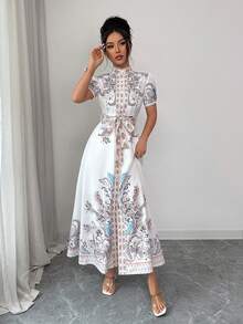 Selianne Vestido de mujer estilo palacio, vestido largo con estampado y cintura anudada con mangas francesas abullonadas, vestido elegante para mujer - Blanco - Ver 5