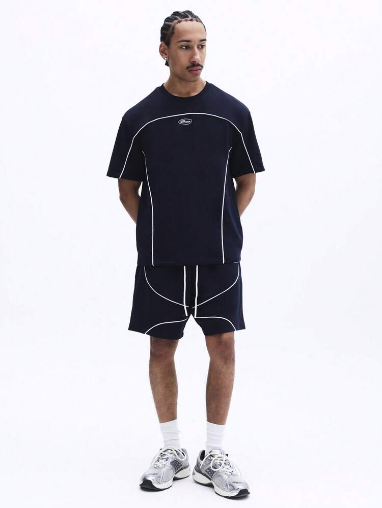 Navy Crew Neck T-Shirt And Shorts Set With Piping