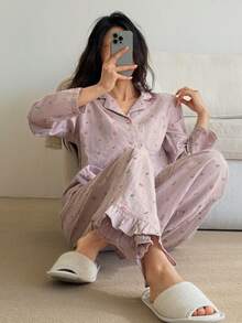DAZY 可爱碎花图案宽松开衫长袖上衣和荷叶边宽松长裤两件套睡衣套装，女士，春季 - 淡紫色 - 查看 6