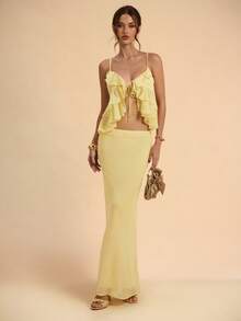 SHEIN BAE 2pcs/Set Women's Solid Yellow Backless Tie Strap Ruffle Camisole Top & Low Waist Skirt, Textured Pleated Beach Resort Outfit, Summer Yellow Set - Light Yellow - View 5