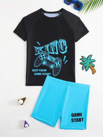两件套男童字母和游戏机印花速干舒适针织面料沙滩装套装，适合海滩、泳池、海边、冲浪、度假、夏季、旅行