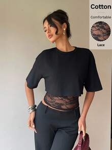 Siren Gaze Áo thun ngắn tay nữ thiết kế 2 trong 1 phối ren, kiểu dáng Y2K, thích hợp mặc mùa hè. - màu đen - Xem 5
