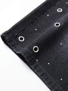 ROMWE MEN Street Life Men's Denim Shorts With Rhinestone Embellished Pocket Design - Black - View 4