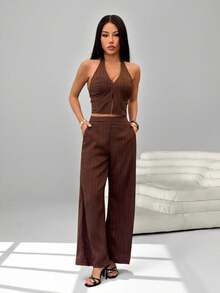 SHEIN PETITE 两件套女士纯色圆领落肩长袖休闲针织纹理套装，棕色，女士冬季毛衣，秋季女装，秋季女装，秋装，冬季套装，休闲女装，棕色套装，女士两件套家居服，舒适两件套，长袖套装，两件套女士舒适棕色优雅套装 - 棕色 - 查看 6