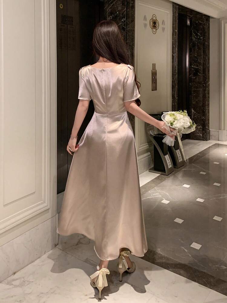 Women's Elegant Solid Color Shiny Petal Sleeve Pleated Mid-Length Dress, Summer,Wedding Guest Dress Women Maxi Dress Sundress