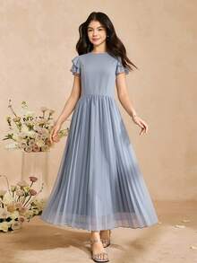 SHEIN 少女优雅简约时尚V领荷叶边无袖高腰中长纯色雪纺面料灰蓝色连衣裙，夏季少女毕业/婚礼礼服浅灰蓝色连衣裙荷叶边袖连衣裙褶皱长裙灰蓝色连衣裙女士中长连衣裙夏季连衣裙褶皱连衣裙女士春季连衣裙优雅女装 - 霧霾藍 - 查看 5