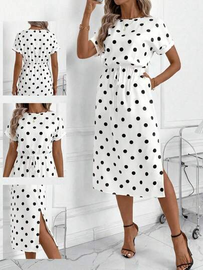 SHEIN Clasi Elegant Dress Women  Women's Autumn New Batwing Sleeve Polka Dot Dress, Black & White Color, Fit For Daily Commute, Versatile For Multiple Occasions All White Party Outfit Women Polka Dot Vintage Clothes Women School Clothes Polka Dot Dress Office Outfits For Women