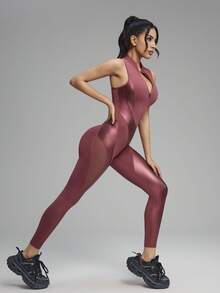 Innovista Women's Patchwork Fabric Half-Zip Front Racerback Breathable Shapewear Jumpsuit - Red Orange - View 5