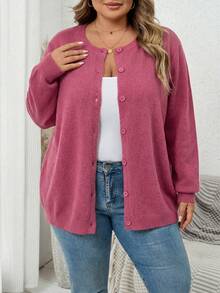 SHEIN CURVE+ 大码休闲纯色开衫，秋冬季 - 藕粉色 - 查看 3